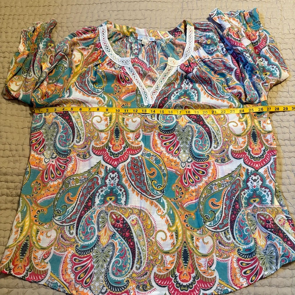 Spense Women Colorful Paisley Flowy Tunic Blouse Size 2X. Crochet neckline. - Picture 10 of 11